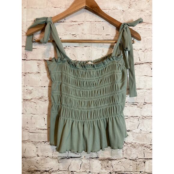 Altar'd State Crop Top Womens Small Sage Green Smocked Tie Sleeves Boho Coquette - Picture 1 of 12